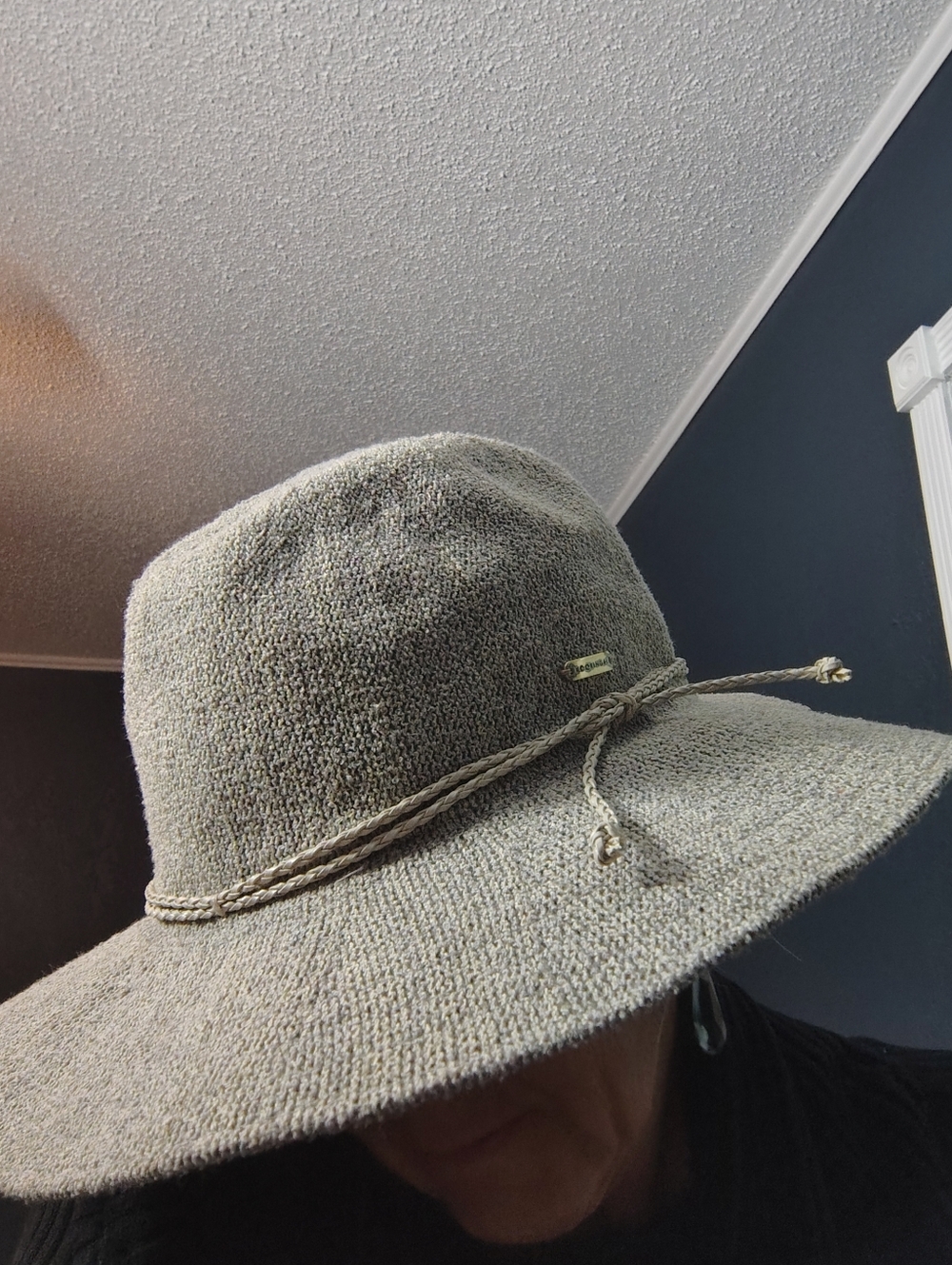 Kooringal Rustic Earthy Coastal Braided-Trim Wide-Brim Knit  Hat in Taupe